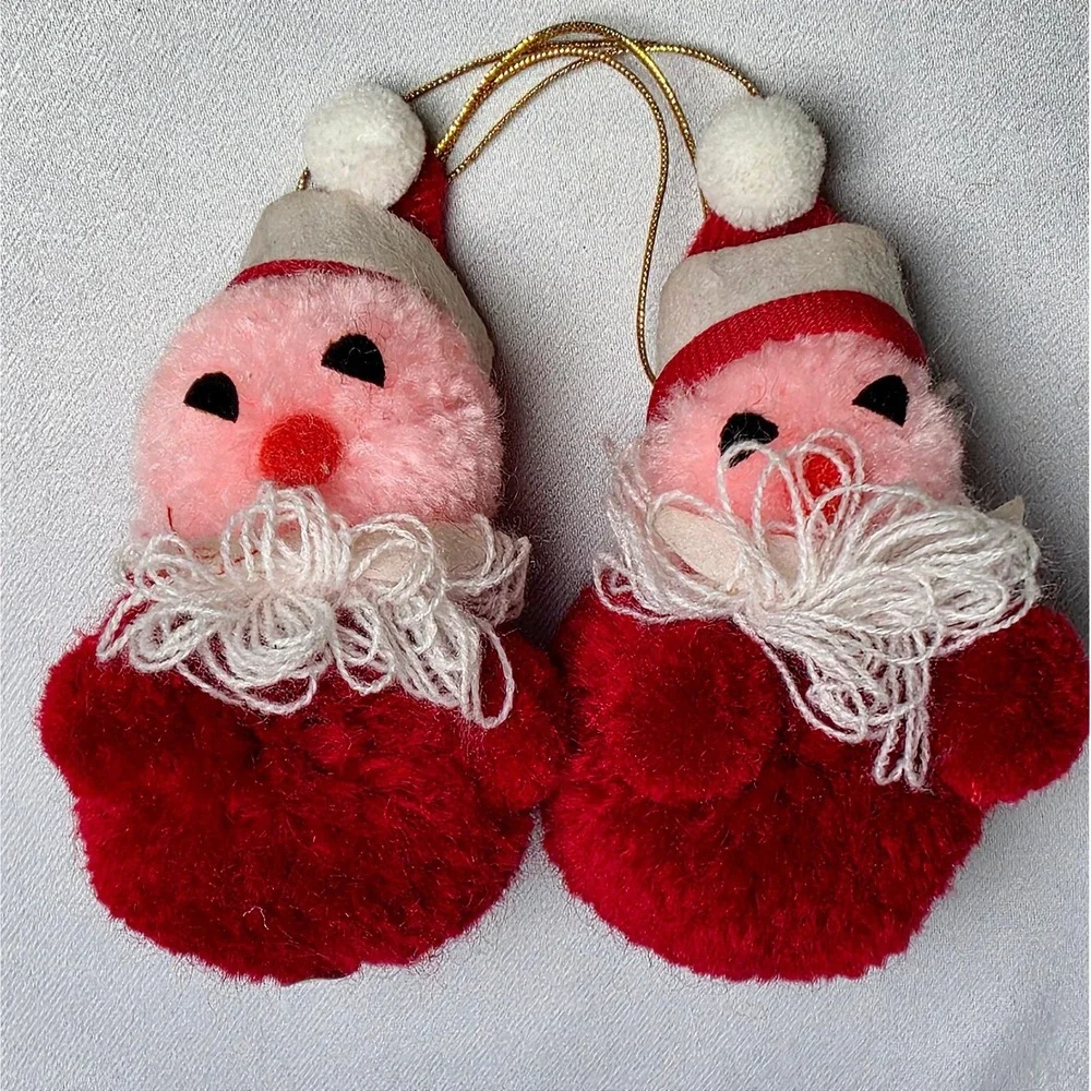 Vintage 1976 R Dakin & Co Santa Claus Plush Pom Pom Ornaments Set of 2 Red Pink